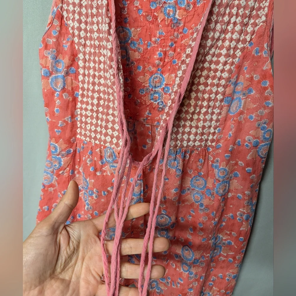 Boho Floral Quilted Embroidered Lace-Up Blouse Tunic - Coral and Blue